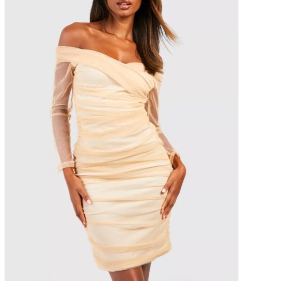 NWT OFF SHOULDER RUCHED MESH BODYCON MINI NUDE DRESS - Picture 2 of 8